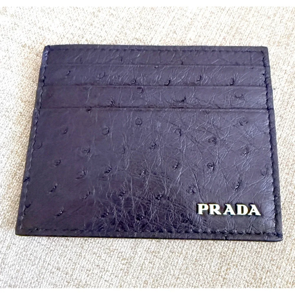 Prada Bleu Ostrich Leather Card Holder Wallet 2MC223 Struzzo Navy Blue Italy